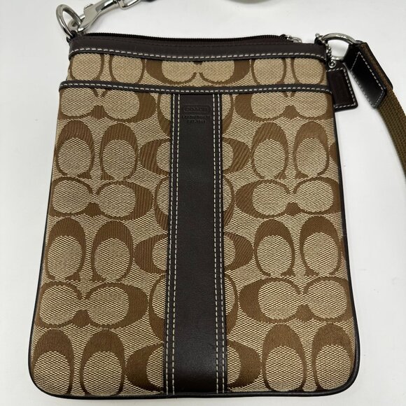 Coach Signature Canvas Brown Stripe Leather Jacquard Crossbody All Over Print - Picture 1 of 7
